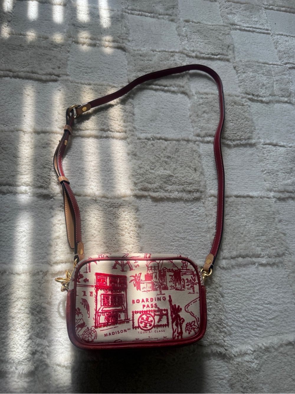 Tory Burch Embellished Travel Print Camera Bag – Red/Cream Crossbody